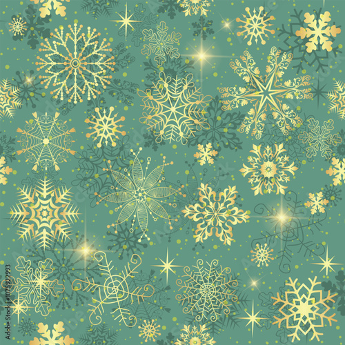 Vector hand drawn seamless winter pattern with glitter golden snowflakes on a green background