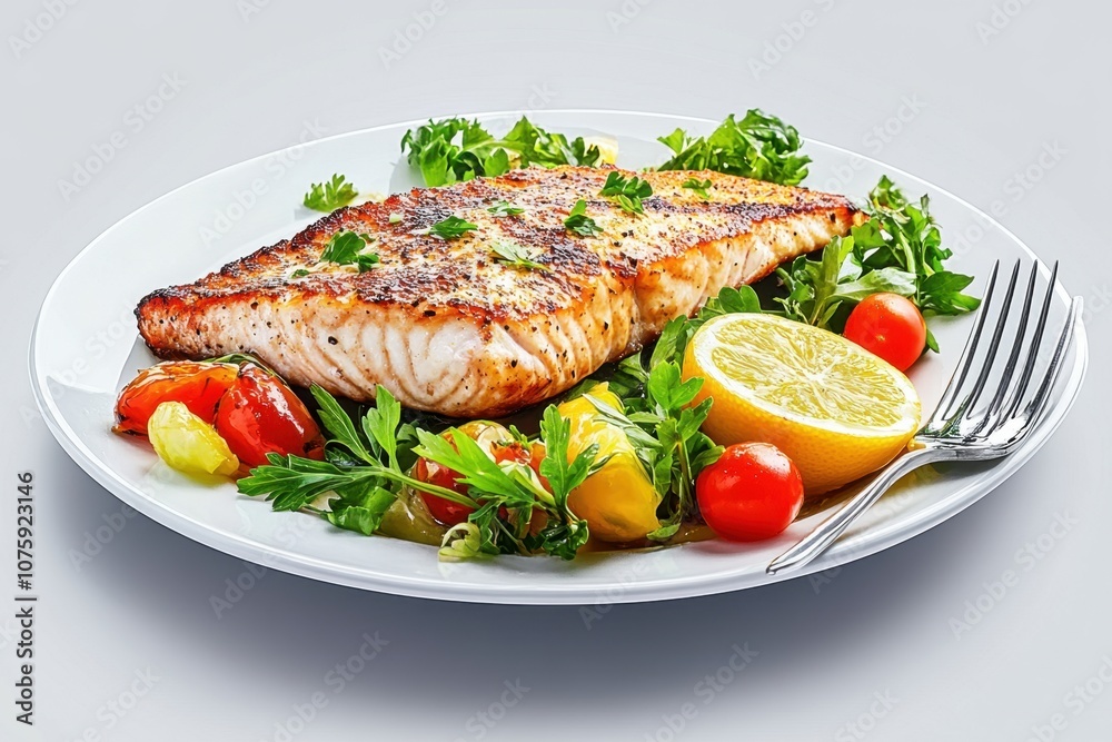 Grilled salmon with lemon, cherry tomatoes, and parsley. Grilled salmon with lemon, cherry tomatoes, and parsley.