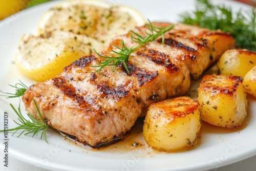 Grilled salmon with lemon and roasted potatoes on a white plate.