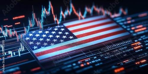 The image features a stylized American flag overlaid on digital financial data, reflecting the intersection of patriotism and modern technology.