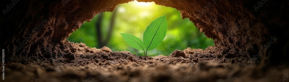 Naklejka premium Forgotten gold mine entrance in dense forest, overgrown path and eerie lighting, symbolizing hidden opportunity and mystery