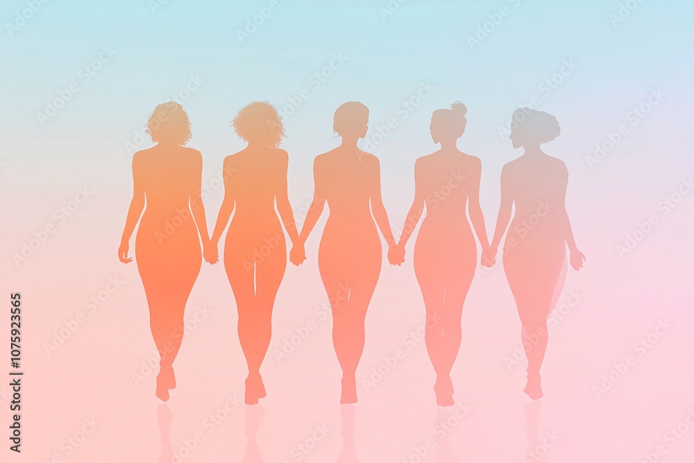 Silhouette of Five Diverse Women Holding Hands Against a Soft Gradient Background, Representing Unity, Friendship, and Body Positivity in a Modern Aesthetic Silhouette of Five Diverse Women Holding Hands Against a Soft Gradient Background, Representing Unity, Friendship, and Body Positivity in a Modern Aesthetic