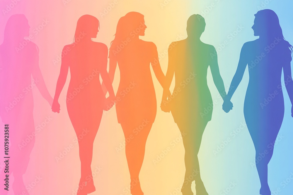 Silhouette of Five Diverse Women Holding Hands Against a Vibrant Rainbow Background Representing Unity, Friendship, and Diversity in Modern Society Silhouette of Five Diverse Women Holding Hands Against a Vibrant Rainbow Background Representing Unity, Friendship, and Diversity in Modern Society