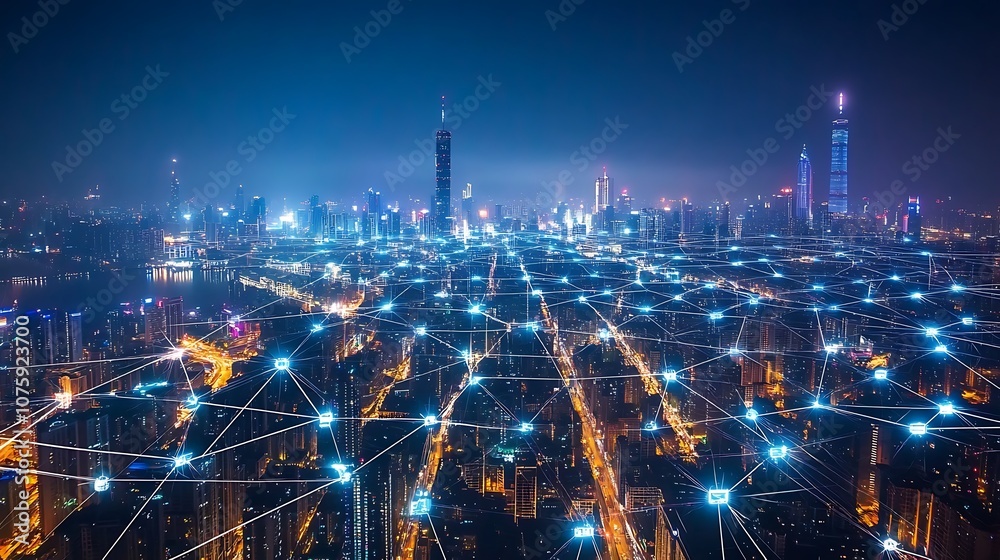 Obraz premium A vibrant cityscape illuminated at night, showcasing a network of connections symbolizing technology and communication.