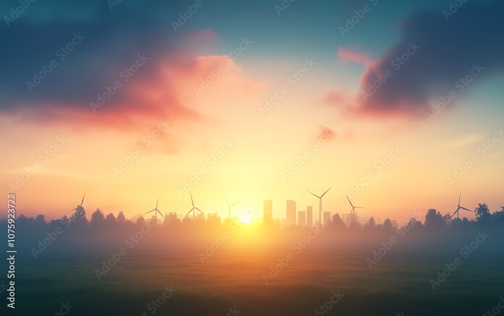A serene sunrise illuminates a skyline with wind turbines, blending nature and urban life amidst a foggy landscape. A serene sunrise illuminates a skyline with wind turbines, blending nature and urban life amidst a foggy landscape.