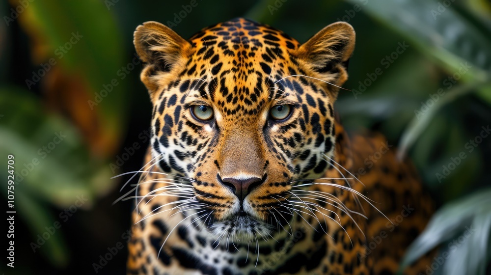 Close-up portrait of a majestic leopard with piercing blue eyes staring directly at the camera in a lush green jungle setting. Close-up portrait of a majestic leopard with piercing blue eyes staring directly at the camera in a lush green jungle setting.