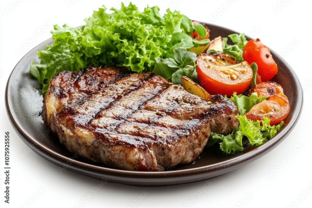 Grilled steak with salad and tomatoes on a plate. Grilled steak with salad and tomatoes on a plate.