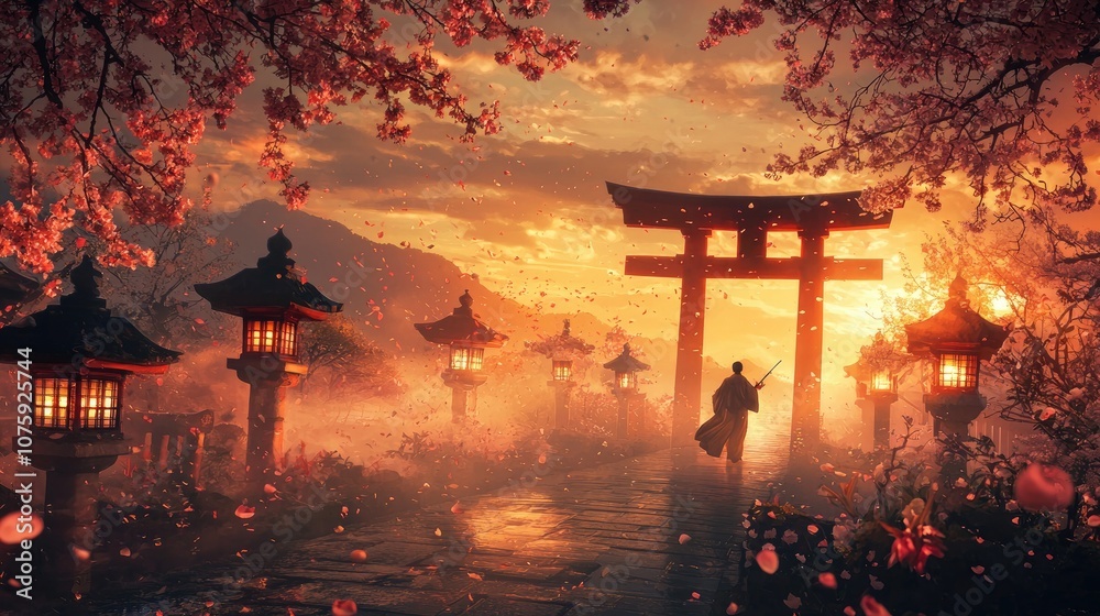 A vibrant Japanese shrine scene with striking torii gates and lanterns, surrounded by cherry blossoms and soft, glowing light. Include a dynamic figure against the detailed background. A vibrant Japanese shrine scene with striking torii gates and lanterns, surrounded by cherry blossoms and soft, glowing light. Include a dynamic figure against the detailed background.
