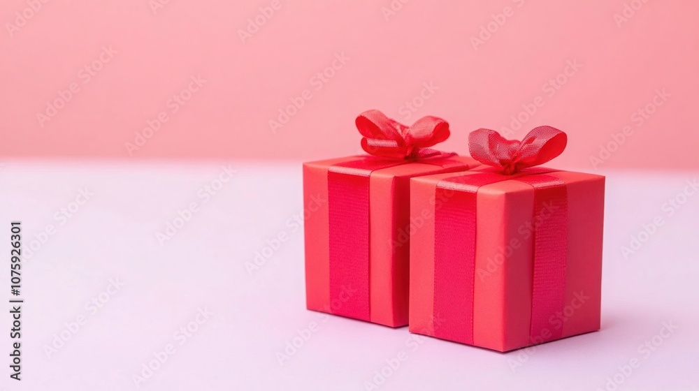 Two Red Gift Boxes with Ribbons on a Soft Pink Background, Perfect for Holidays, Celebrations, and Surprise Events, Conveying Joy and Excitement in Gift Giving
