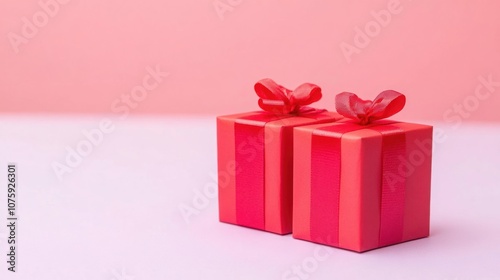 Two Red Gift Boxes with Ribbons on a Soft Pink Background, Perfect for Holidays, Celebrations, and Surprise Events, Conveying Joy and Excitement in Gift Giving