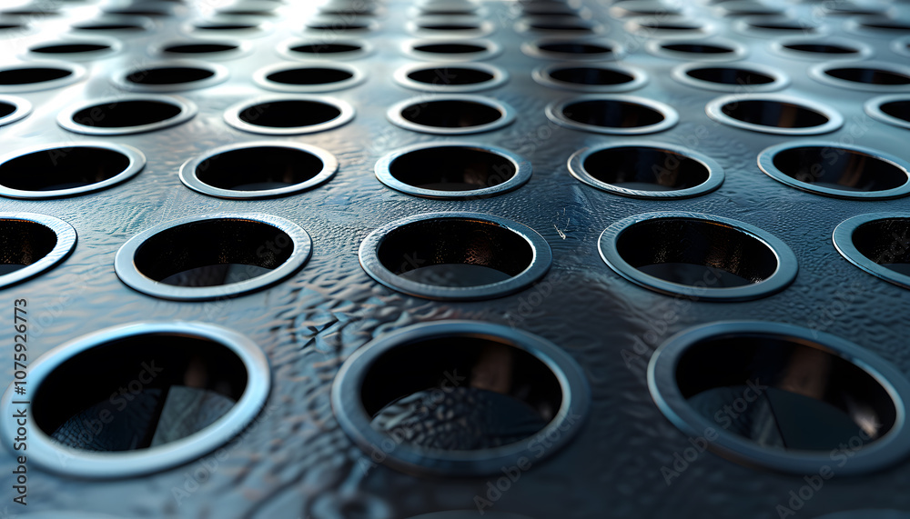 Close-up view of a textured metallic surface with circular holes, creating a visually striking pattern and depth. Close-up view of a textured metallic surface with circular holes, creating a visually striking pattern and depth.