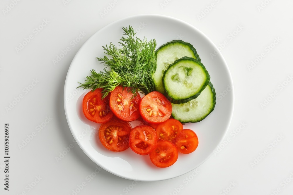 Sliced tomatoes, cucumbers, and dill on a white plate. Sliced tomatoes, cucumbers, and dill on a white plate.