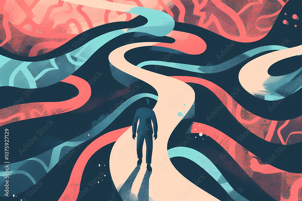 Obraz premium A silhouette of a solitary figure walks down a winding path through a colorful abstract landscape, symbolizing exploration and self-discovery.