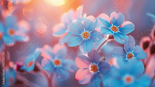 Delicate blue forget-me-nots bloom in a field bathed in the warm light of the setting sun.