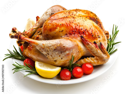 The golden roast turkey is roasted in a white plate, accompanied by small pumpkin, cherry tomatoes, lemon, rosemary, garlic, etc. It is especially suitable for some holiday gatherings, such as Thanksg photo