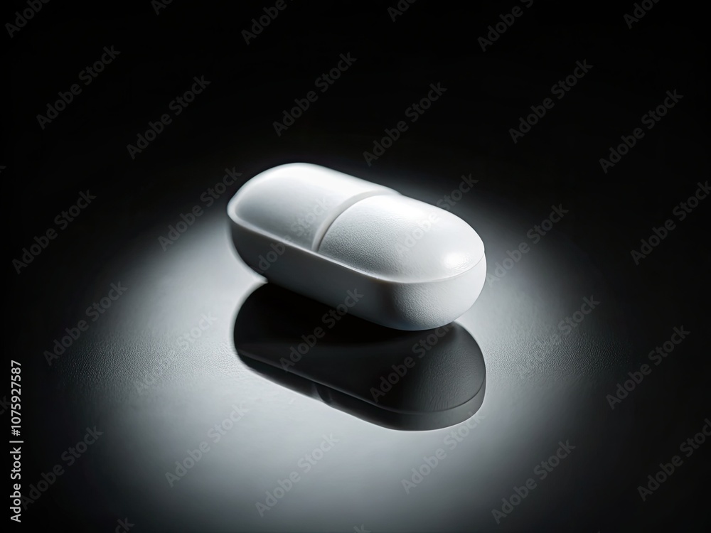 An isolated white pill, contrasted sharply against a dark background, conveys medicinal simplicity and health through powerful shadows in portrait photography. An isolated white pill, contrasted sharply against a dark background, conveys medicinal simplicity and health through powerful shadows in portrait photography.