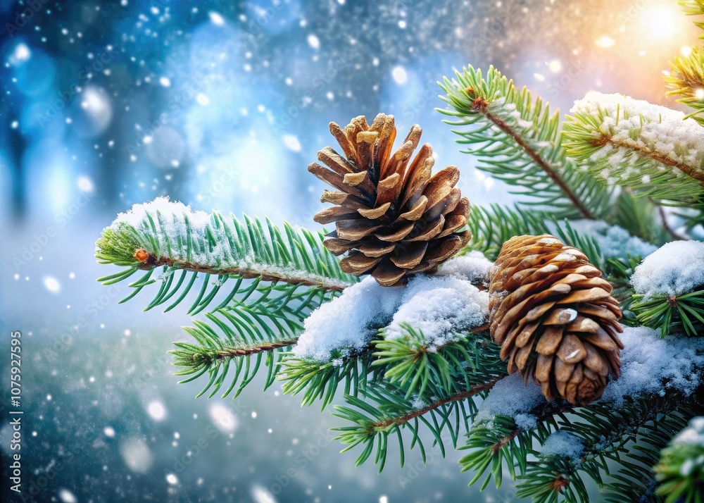 A picturesque winter scene featuring a fir tree with spruce cones, frost-kissed branches, and a stunning snowy landscape, embodying the beauty of nature in winter. A picturesque winter scene featuring a fir tree with spruce cones, frost-kissed branches, and a stunning snowy landscape, embodying the beauty of nature in winter.
