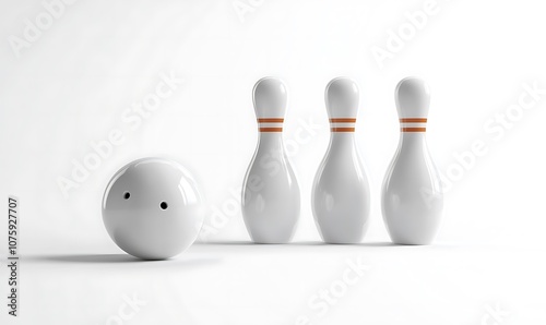 White bowling skittles full set with ball mock up, side view, 3d rendering. Empty bowl game pins mockup photo