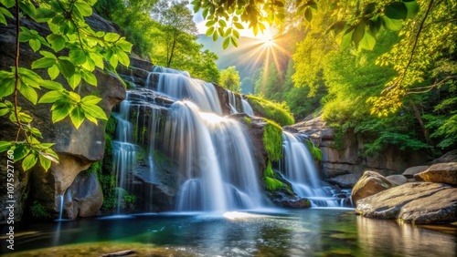 A serene waterfall enveloped by lush foliage, perfect for outdoor enthusiasts and nature lovers eager to explore and photograph the beauty of forests and waterfalls.