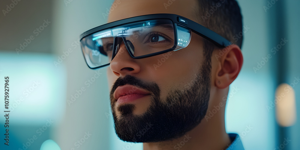 Visionary Gaze: Man wearing futuristic smart glasses Visionary Gaze: Man wearing futuristic smart glasses