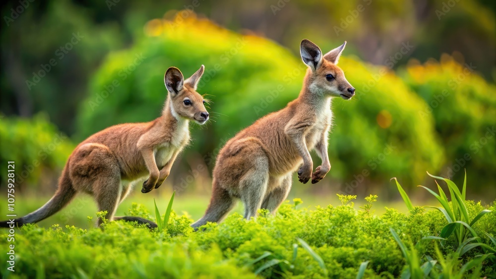 Baby Kangaroos Hopping and Standing in Isolation in a Lush Australian Landscape, Captivating Wildlife Scene with High Depth of Field, Emphasizing Nature's Beauty and Cuteness of Young Kangaroos Baby Kangaroos Hopping and Standing in Isolation in a Lush Australian Landscape, Captivating Wildlife Scene with High Depth of Field, Emphasizing Nature's Beauty and Cuteness of Young Kangaroos