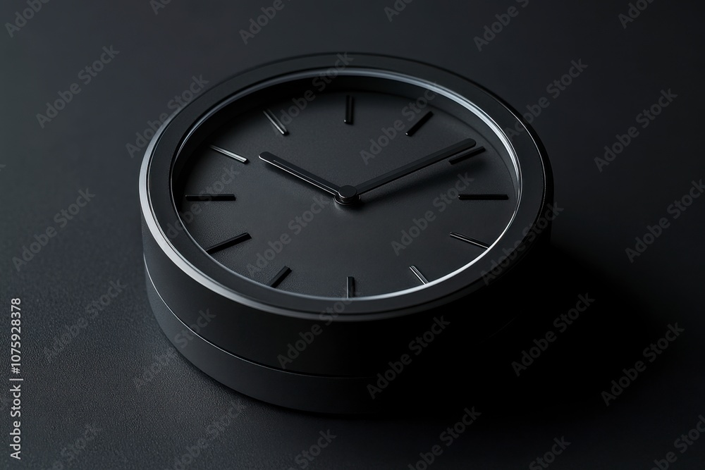 A closeup of a minimalist black clock on a black surface, highlighting the simplicity of the design and the concept of time. A closeup of a minimalist black clock on a black surface, highlighting the simplicity of the design and the concept of time.