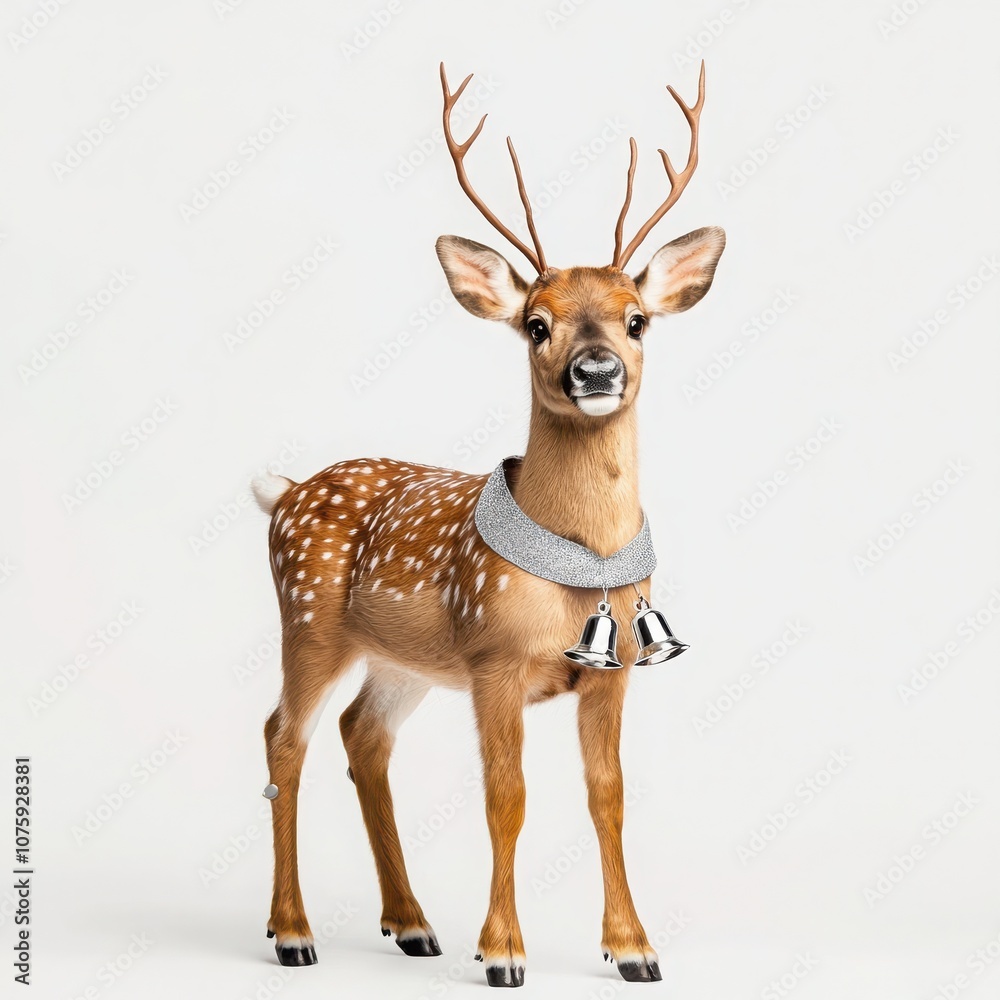 Fototapeta premium A charming deer figurine adorned with a bell collar on a white isolated background.
