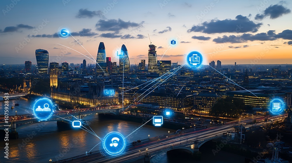 Obraz premium A city skyline at dusk with digital connectivity icons representing technology and communication.