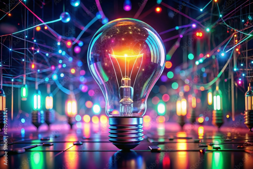 a light bulb with a colorful background and colorful lights around it a light bulb with a colorful background and colorful lights around it