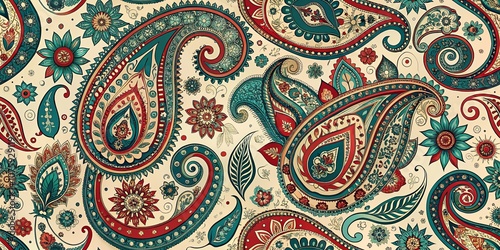 Abstract paisley pattern with intricate swirls and floral motifs in shades of blue, red, and gold on a cream background.