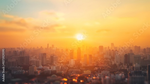 Cityscape with warm sunset sky blur style, AI generated image