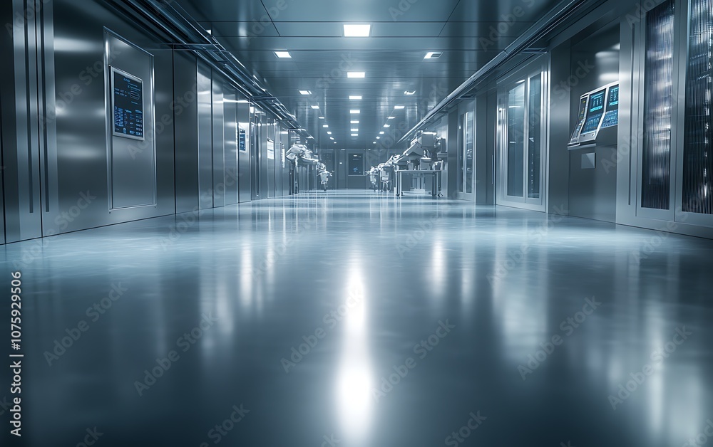 A sleek, modern hallway with reflective floors, illuminated by overhead lights, and featuring metallic walls and technological displays. A sleek, modern hallway with reflective floors, illuminated by overhead lights, and featuring metallic walls and technological displays.