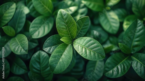 Lush green foliage with vibrant leaves in a close-up shot, showcasing the intricate details of nature's texture.