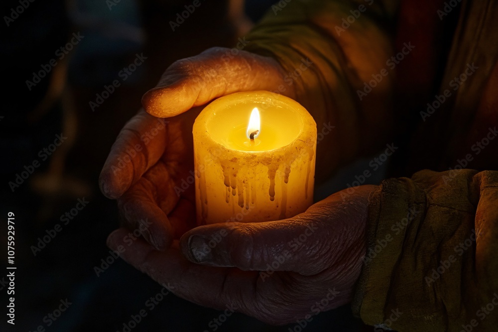 Fototapeta premium A Warm Glow of Light: A Close-Up of Hands Holding a Dripping Yellow Candle in a Dimly Lit Environment, Capturing the Essence of Serenity and Comfort