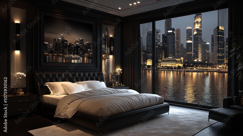 Modern bedroom with large windows overlooking a cityscape at night. Modern bedroom with large windows overlooking a cityscape at night.