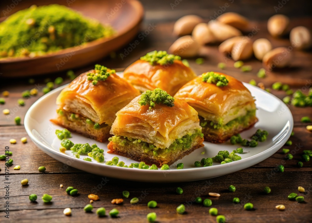 Delicious baklava topped with pistachios and walnuts on a white plate, presenting rich textures and a gourmet touch, celebrates the essence of traditional Middle Eastern sweets. Delicious baklava topped with pistachios and walnuts on a white plate, presenting rich textures and a gourmet touch, celebrates the essence of traditional Middle Eastern sweets.