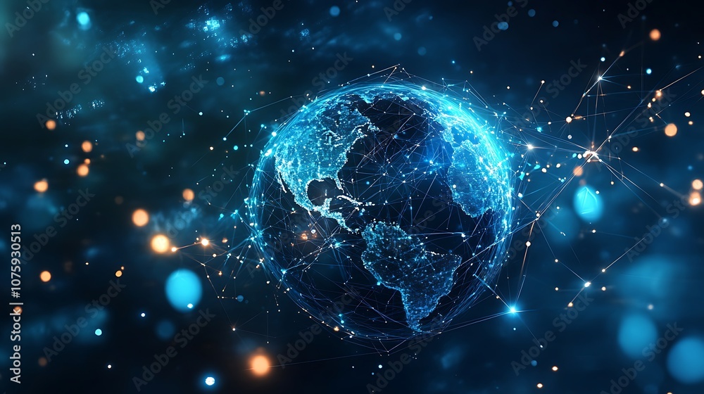 A digital representation of Earth with a network of connections and glowing elements. A digital representation of Earth with a network of connections and glowing elements.