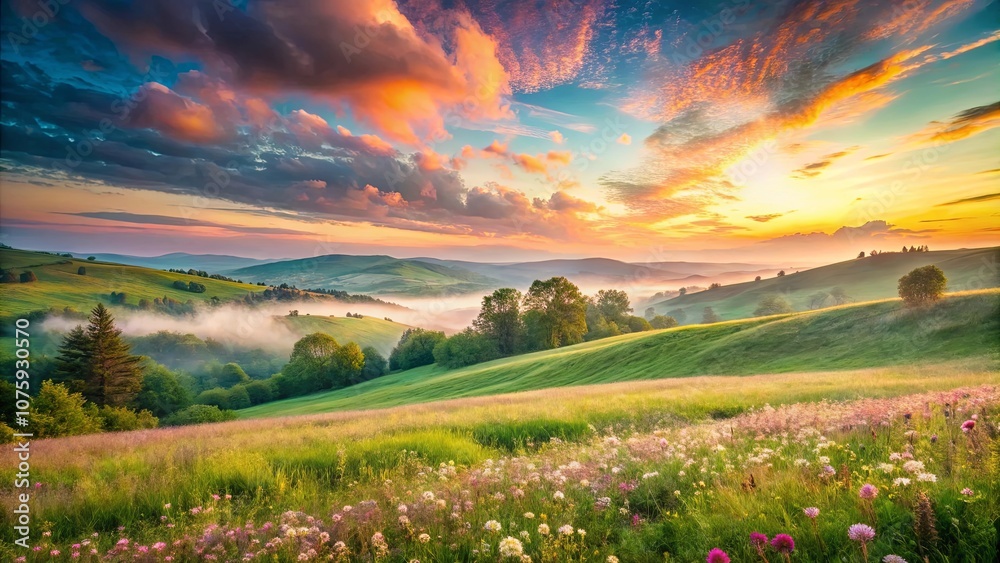 A Verdant Landscape Bathed in the Golden Hues of Dawn, with Rolling Hills, Lush Green Grass, and a Scattered Field of Delicate Wildflowers A Verdant Landscape Bathed in the Golden Hues of Dawn, with Rolling Hills, Lush Green Grass, and a Scattered Field of Delicate Wildflowers