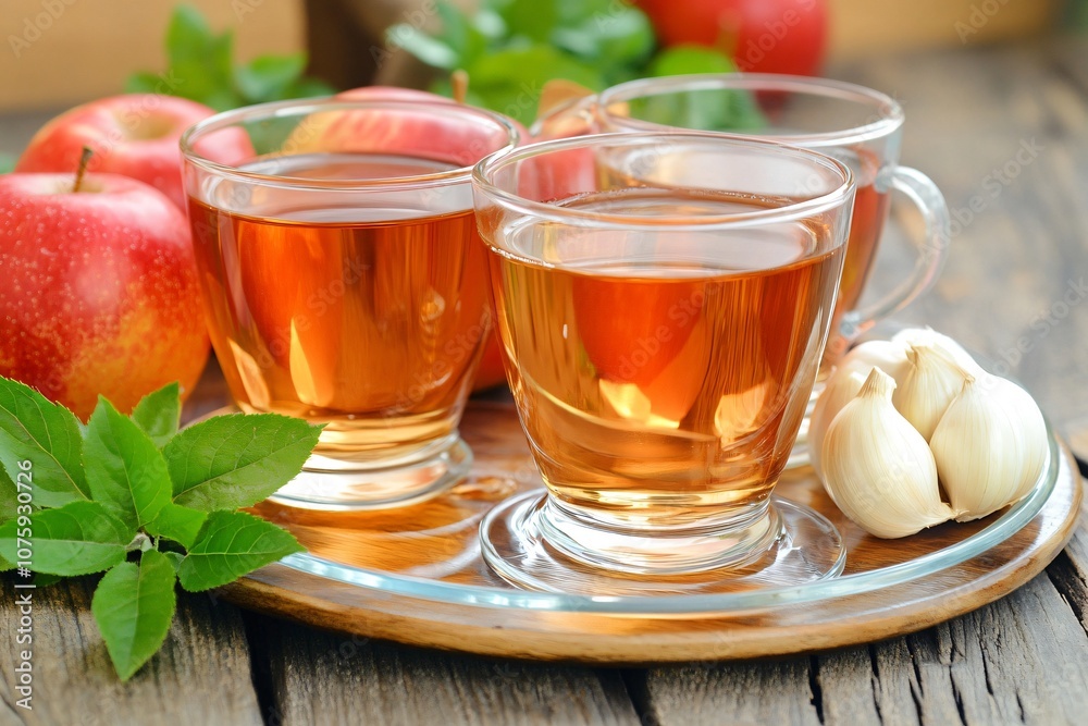Refreshing Herbal Tea with Fresh Apples and Garlic on a Wooden Table, Perfect for Natural Remedies and Healthy Living, Captured in a Cozy Kitchen Setting
