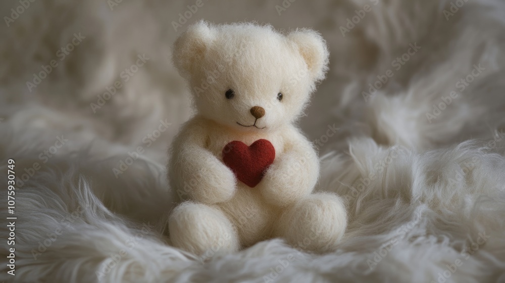 White teddy bear holding a small red heart generative ai