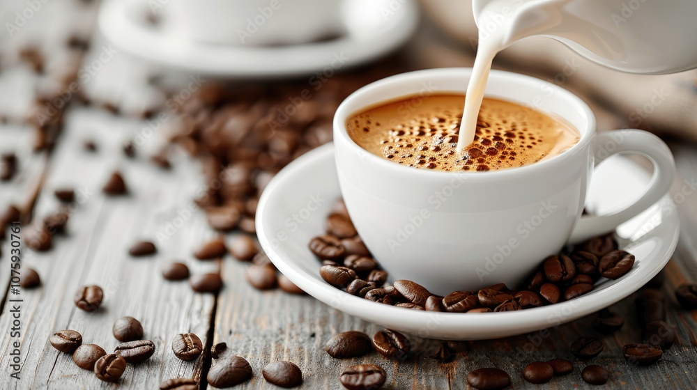 Milk being poured into a cup of coffee with coffee beans on a wooden table. Milk being poured into a cup of coffee with coffee beans on a wooden table.