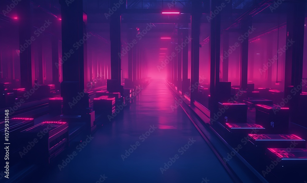 A futuristic corridor illuminated by vibrant pink and purple lights, creating a mysterious and immersive atmosphere.
