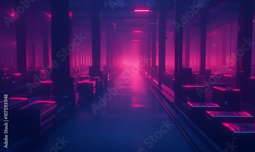 A futuristic corridor illuminated by vibrant pink and purple lights, creating a mysterious and immersive atmosphere.