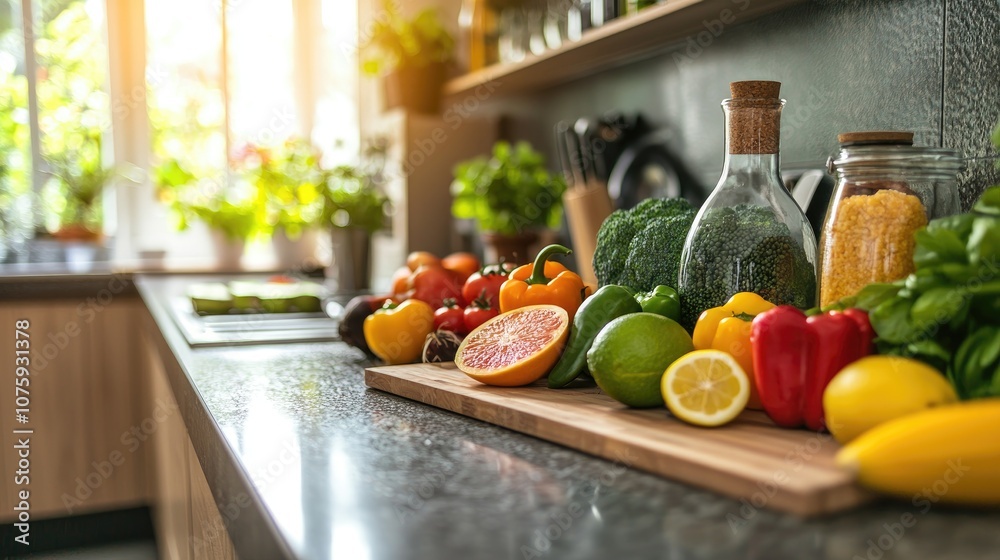 create a front facing perspective countertop with healthy fruits and vegetables, leave the middle of the image blank for product placement create a front facing perspective countertop with healthy fruits and vegetables, leave the middle of the image blank for product placement