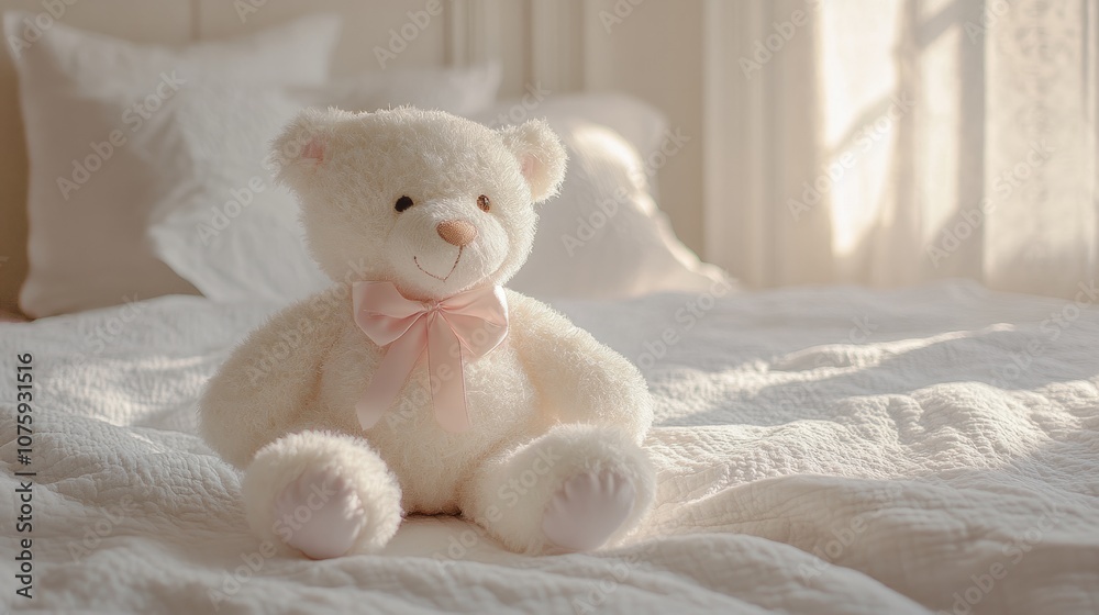 White teddy bear with pastel ribbons sitting on a white quilt generative ai