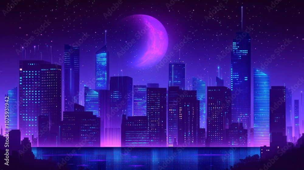 Futuristic city skyline under a purple moon. Futuristic city skyline under a purple moon.