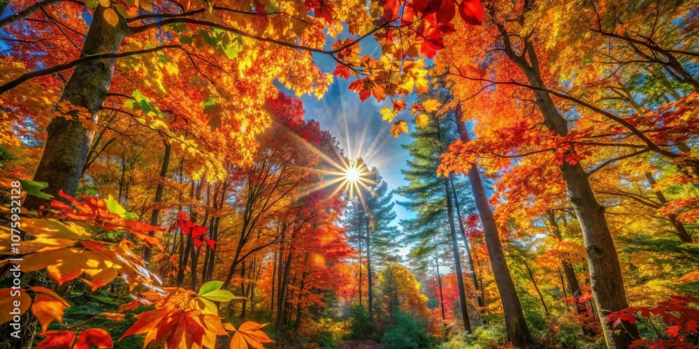 A symphony of autumn colors, where vibrant reds, oranges, and yellows dance with sunlight filtering through the leaves. A symphony of autumn colors, where vibrant reds, oranges, and yellows dance with sunlight filtering through the leaves.