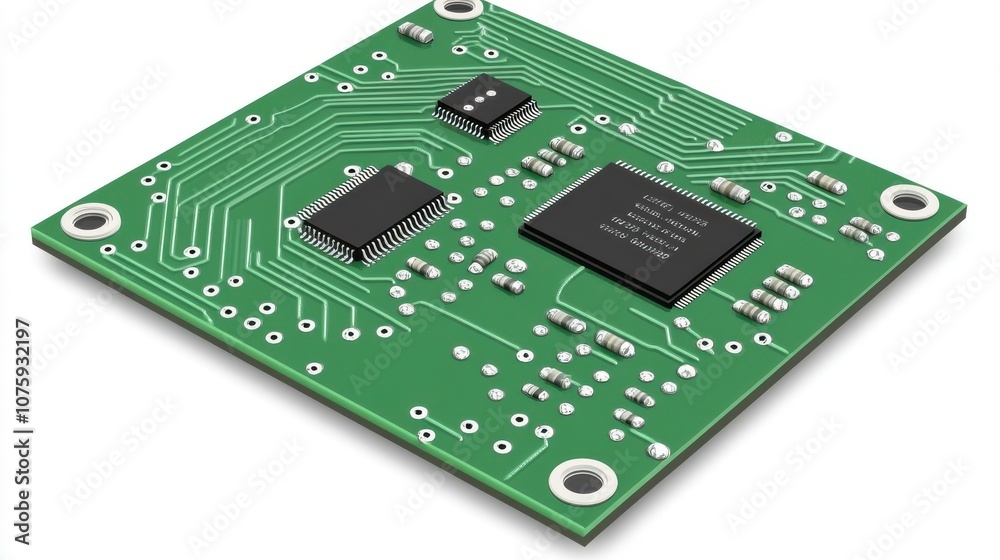Circuit board with electronic components and connections. Circuit board with electronic components and connections.