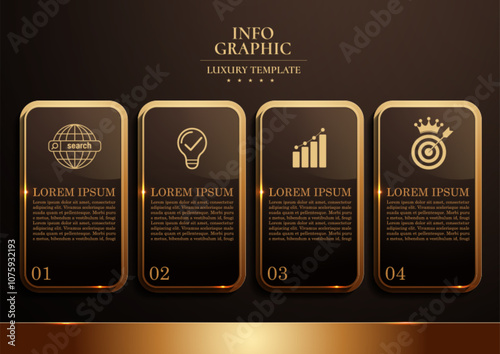 Luxury black gold 4 step infographic flowchart template, vertical rectangular design for organizational reports and business presentations, elegant vector illustration, Not AI-Generated.