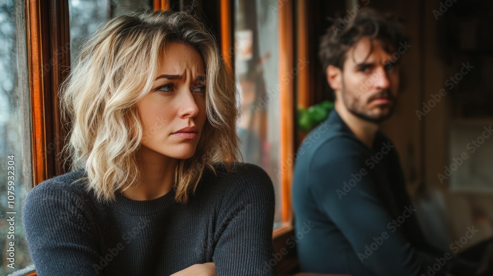Woman looking down, arms crossed, man looking out the window in silence, generative ai Woman looking down, arms crossed, man looking out the window in silence, generative ai